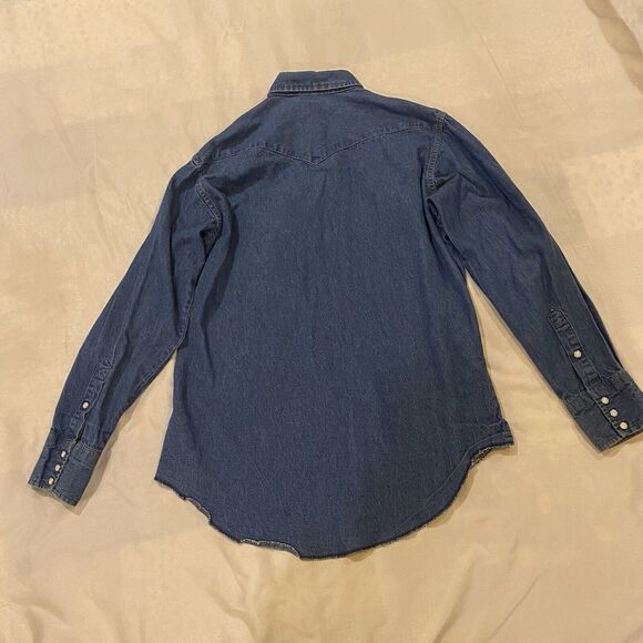 Wrangler Mens Extra Long Tails Denim Shirt Sz 16.5-34 Pearl Snap Made In USA - Picture 3 of 9